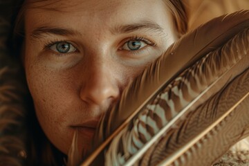 Poster - A close-up of a woman's face, partially hidden by feathers. AI.