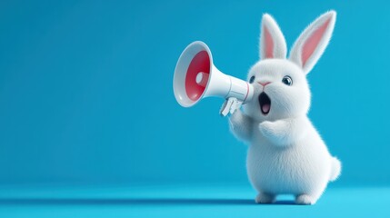 Super cute Easter bunny with megaphone. Promotions, actions, holidays, advertisements, work questions. Business discount concept, communication, information, news, team media relations.