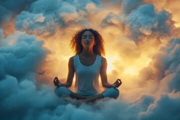 Wall Mural - Woman meditating amidst sunset clouds  emblem of mindfulness, serenity, and inner peace