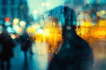 Blurry urban abstract  double exposure of shadows, reflections, and rainy night atmosphere