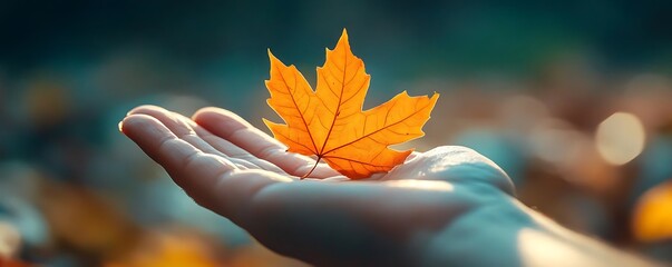 Wall Mural - Autumn Leaf in Hand - Closeup Photo