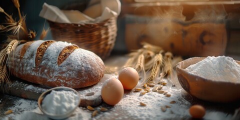 Sticker - Close up of rye bread loaf wheat ears eggs and flour bowl