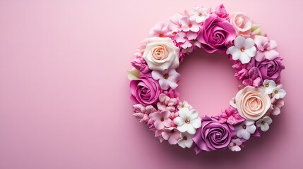 Wall Mural - Delicate Pink and White Flower Wreath on Pink Background