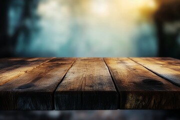 Close-up of a rustic wooden table with a blurred background of a forest.