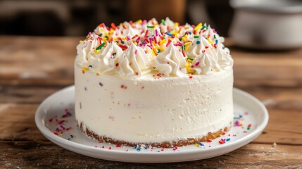 Wall Mural - A White Cake with Whipped Cream and Colorful Sprinkles