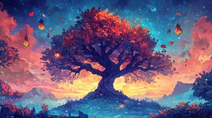 Canvas Print - Enchanted Tree with Lanterns and Falling Leaves at Sunset