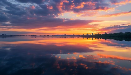 The beautiful scenery of the lake at sunset, the silhouette of the city in the distance and the reflection of the water surface complement each other, creating a peaceful and romantic atmosphere.