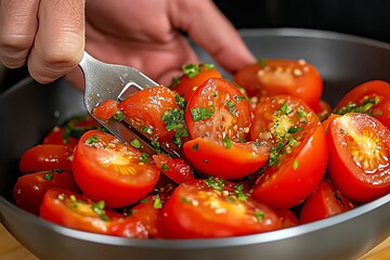 Tomato Salads, Sauces, and Roasting shown in a cozy kitchen where fresh tomatoes are being sliced for a salad, simmered into sauce, and roasted with herbs