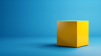 Minimalist yellow cube on clean blue background, geometric simplicity