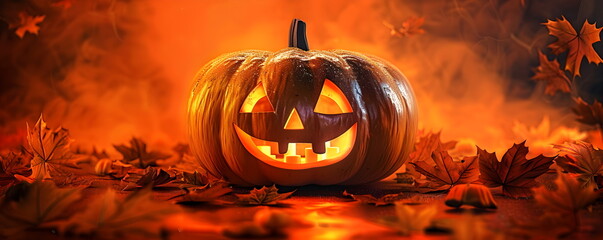 Halloween pumpkin lantern on orange background. Close up of scary halloween pumpkin, on wooden table in dark house, autumn leaves around