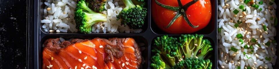 Wall Mural - Nourishing lunchbox featuring rice, salmon, beef patty, broccoli, and tomatoes, captured from a top-down perspective.