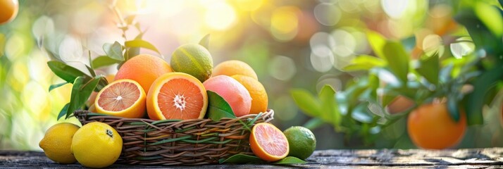 Wall Mural - Variety of citrus fruits including oranges, lemons, limes, and grapefruit arranged in a wicker basket on a rustic garden table.