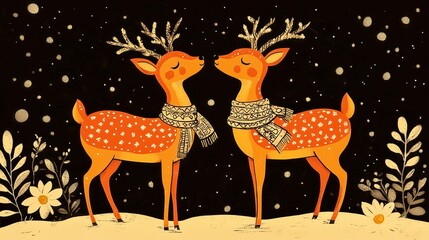 Wall Mural - Whimsical Christmas deer illustration with vibrant orange tones, dark background, winter flora, folk art style, festive holiday decor