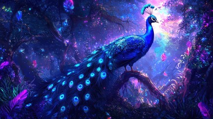 Canvas Print - Majestic Peacock in Enchanted Forest with Glowing Feathers