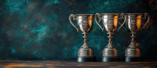 Three silver trophies on a rustic table on a dark background, signifying achievement and victory, with copy space