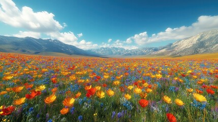 Wall Mural - Vibrant Wildflower Meadow in Mountain Valley