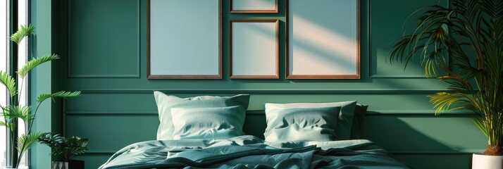 Poster - empty picture frames suspended above a dark green bed.