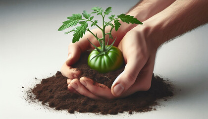 Tomato plant coming out of unripe green tomato covered in dirt and held in persons hand