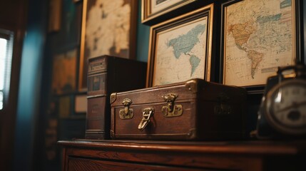 A decorative shelf in a hallway displaying travel souvenirs, framed maps, and a small, vintage suitcase.