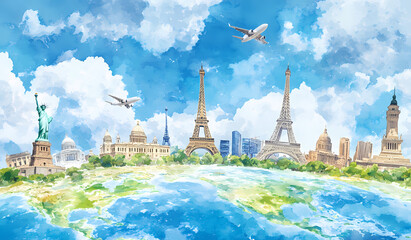 world map featuring iconic landmarks and a flying airplane illustration