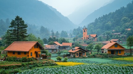 Poster - Scenic Village in the Mist