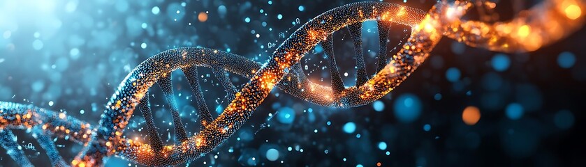 3D DNA Double Helix Structure with Glowing Orange and Blue Lights Illustration