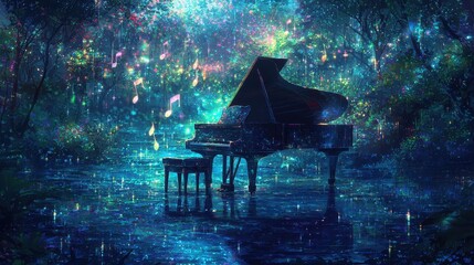 Wall Mural - Magical Forest Piano with Music Notes and Glowing Lights