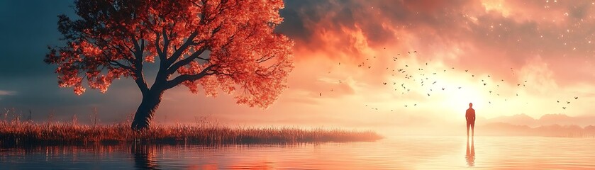 Canvas Print - Silhouette of a Person Standing in a Lake with a Red Tree and a Sunset Background Illustration