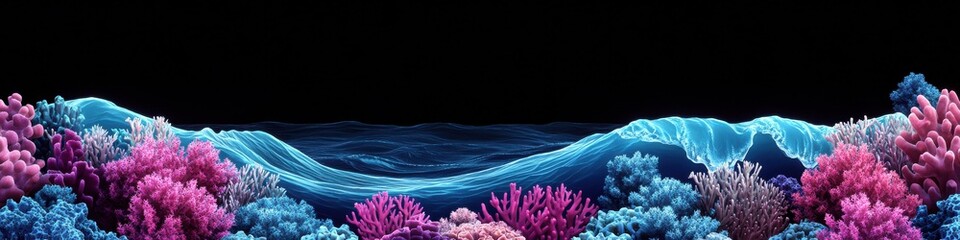 Sticker - Bright and Vibrant Underwater Coral Reef Scene with Pink and Blue Corals Against Dark Background Emphasizing Marine Biodiversity