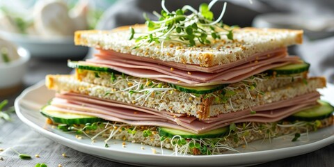 Wall Mural - Sandwiches with layers of ham cucumber and sprouts arranged on a white plate