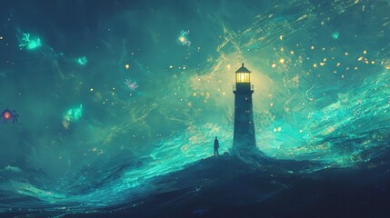 Wall Mural - Lighthouse on a Turquoise Sea with Glowing Lights and a Person