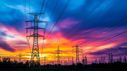 Aufkleber - A silhouette of high-voltage power lines and towers against a stunning sunset, with the vibrant colors of the sky contrasting with the dark outlines of the infrastructure.