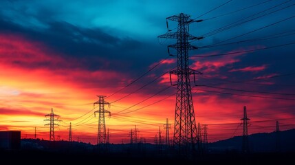 Aufkleber - A silhouette of high-voltage power lines and towers against a stunning sunset, with the vibrant colors of the sky contrasting with the dark outlines of the infrastructure.