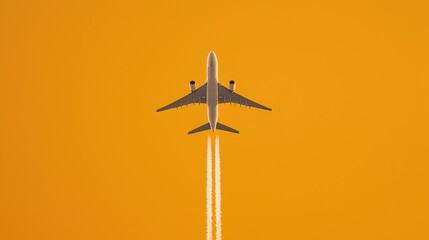 Airplane Flying High in a Yellow Sky with Contrails