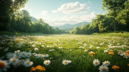 Poster - Sunlit Meadow with Daisies and Mountains in the Background