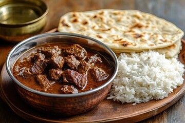 Wall Mural - Traditional indian curry with tender meat, accompanied by basmati rice and paratha. A perfect blend of spices and textures