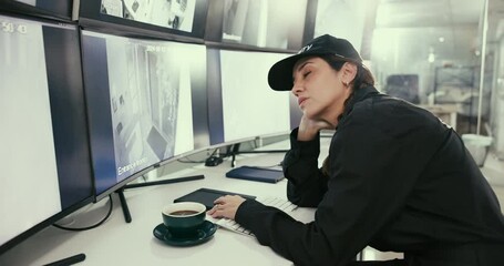 Wall Mural - Fatigue, surveillance and security guard with woman in office for computer screen, control room and inspection. Bored, sleeping and tired with female employee in data center for property protection