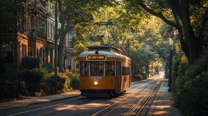 Wall Mural - Tram Ride Through a Tree-Lined Street