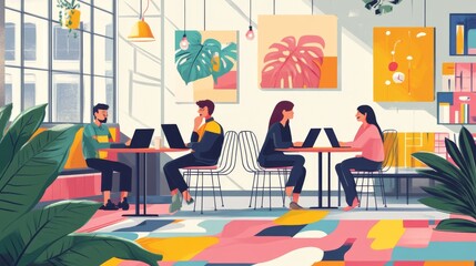 Fototapete - A team of young professionals collaborating in a modern co-working space, with laptops and coffee, surrounded by colorful art and creative decor, reflecting a new way of thinking.