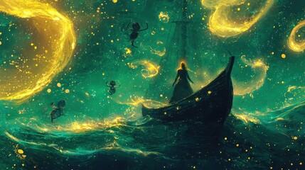 Wall Mural - Woman in Boat with Golden Lights on Green Water