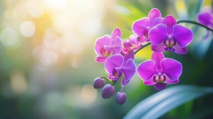 Poster - A vibrant purple orchid in full bloom, gracefully hanging from its stem, with soft natural light highlighting the intricate details of its petals and leaves.