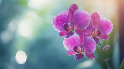 Poster - A vibrant purple orchid in full bloom, gracefully hanging from its stem, with soft natural light highlighting the intricate details of its petals and leaves.