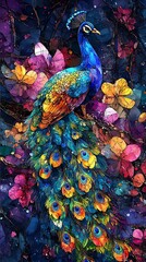 Wall Mural - Vibrant Peacock Illustration with Colorful Flowers