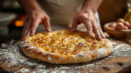 Close-up of the hands of the chef and fresh pizza.