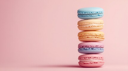 Wall Mural - Stack of Five Colorful Macarons on Pink Background