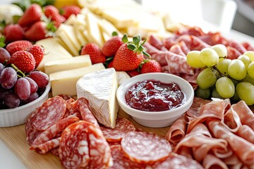 Wall Mural - A beautifully arranged charcuterie board featuring assorted cheeses, cured meats, fresh grapes, strawberries, and a small dish of jam, perfect for a gourmet snack or party appetizer