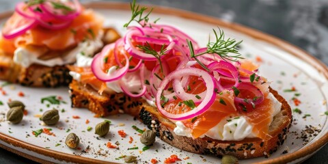 Wall Mural - Smoked salmon open sandwich with pickled onions sour cream and capers