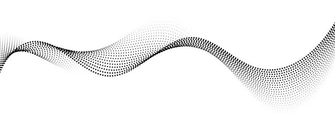 Poster - Dotted wavy line background. Black halftone undulate pattern. Abstract particle flow wave wallpaper. Curved dashed gradient net element for poser, banner design, presentation, booklet, flyer. Vector