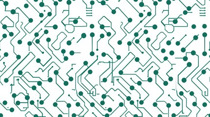 Poster - Seamless pattern with green electronic circuit board elements and pathways on white background, perfect for technology themes, digital designs and tech industry presentations.