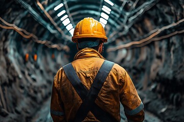 Miner in safety gear walking through underground tunnel, back view